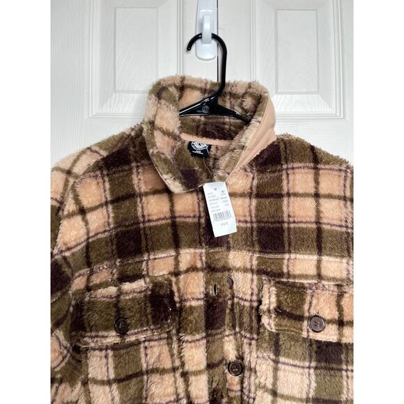 NEW PACSUN Womens Plaid Fuzzy Fury Cosy Jacket Shacket Size XS/S Brown - Picture 2 of 7